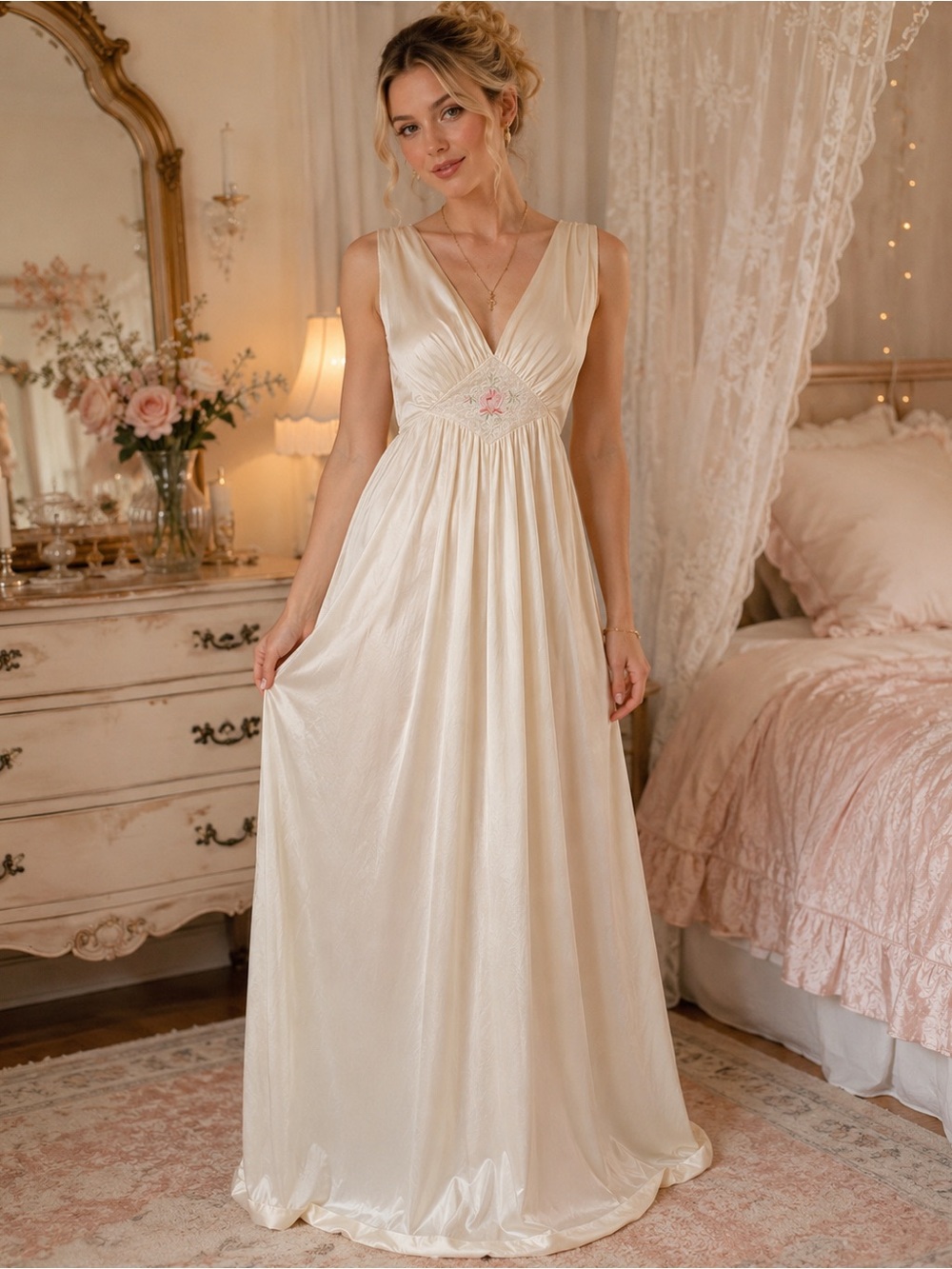 Vintage 1970s 80s Lorraine Ivory Nylon Nightgown Small